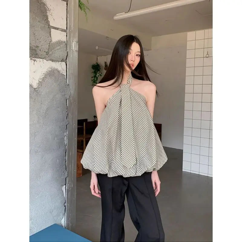 

French Stripe Tie Neck Top Women Summer 2025 Sleeveless Blouse Peplum Hem Casual Elegant Office Wear Minimalist Aesthetic