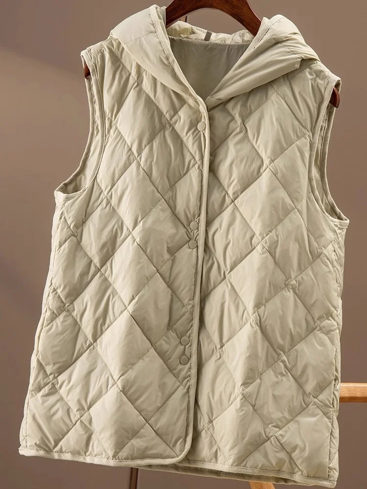 Autumn Winter Hooded Down Waistcoat Jacket Women Warm Ultra Light White Duck Down Vest Coat Female Sleeveless Short Tank Parkas