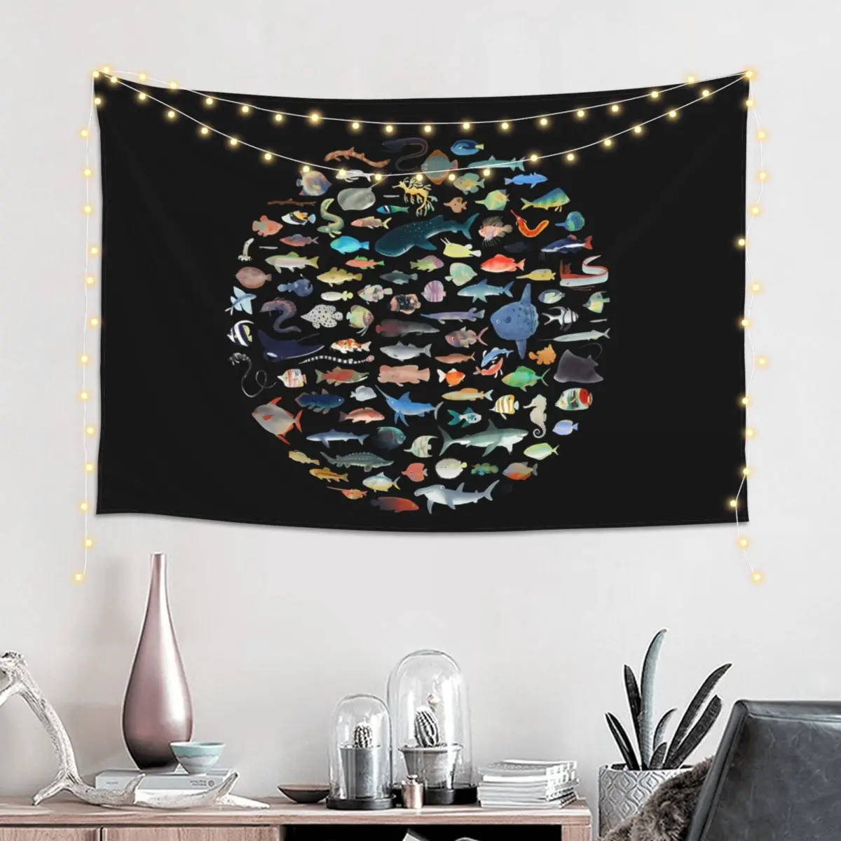 One Hundred Fish Ocean Life Scuba Diving Tapestry Hippie Wall Hanging Aesthetic Home Decor Tapestries for Living Room Dorm Room