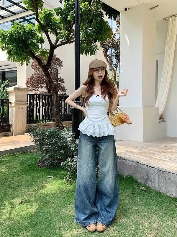 

High Waist Wide Leg American Retro Denim Jeans Women Loose Slimming Long Pants Tapered Floor-Length Trendy Casual Jeans