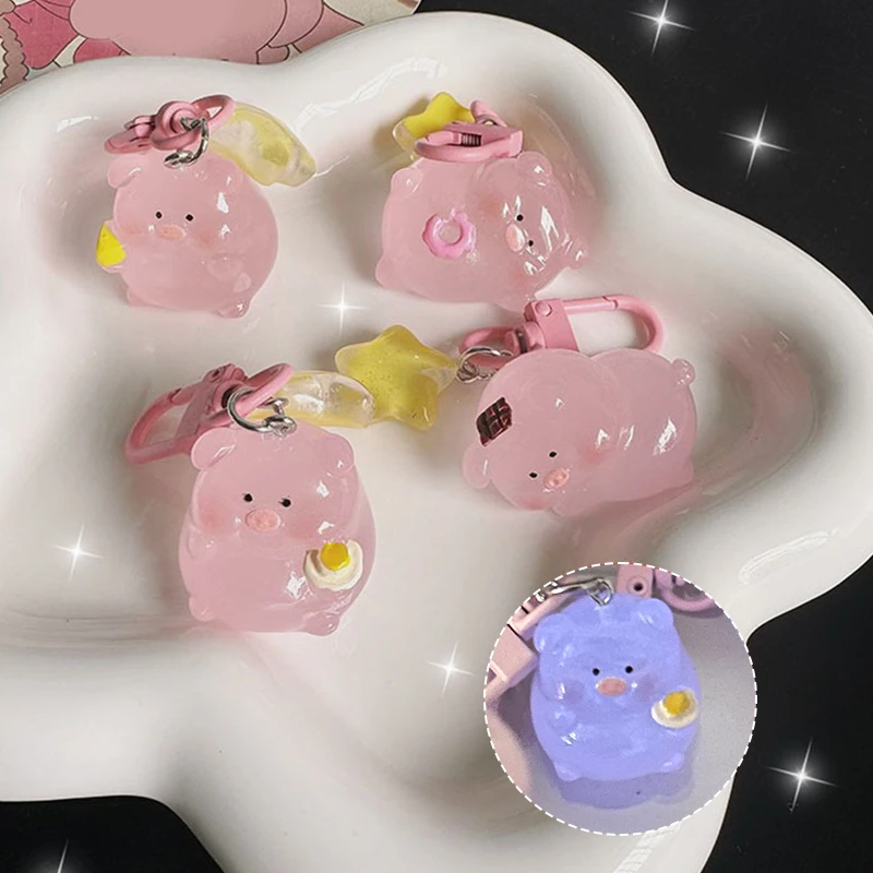 Cartoon Pink Pig Luminous Figures Keychain Resin Key Ring Pendant Phone Bag Ornaments Gifts