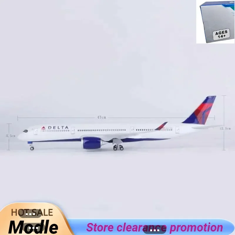 

2024 Новый масштаб 1/142, 47 см, модель самолета 350 A350 Delta Airlines, светодиодная подсветка и шасси на колесах, пластиковая смола, модель самолета, игрушка