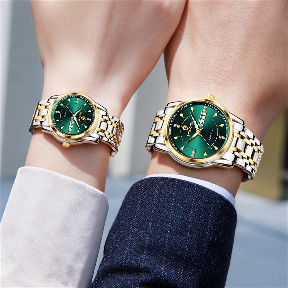 BINBOND Couple Watches Simple Fashion Top Brand Original Quartz Watch for Lover Waterproof Stainless Steel Date Week Luminous