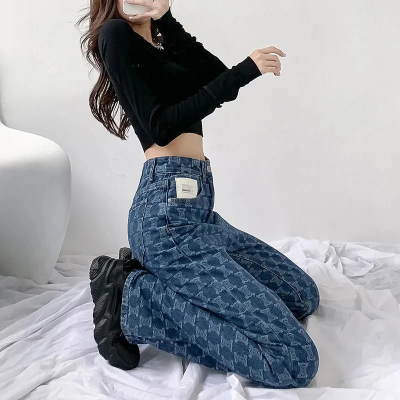 Jeans Wanita Jacquard Biru 2023 Celana Kaki Lebar Longgar Pinggang Tinggi Baru Cocok untuk Dipakai Musim Semi Musim Gugur yang Nyaman dan Modis