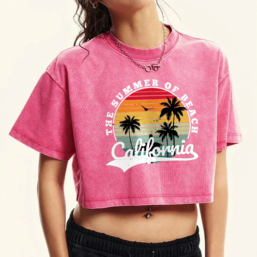 The Summer Of Beach California Cocoa Palm Printed Women Washed T-Shirts Retro O-Neck Tee Shirt Cotton T Shirt Casual Crop Top