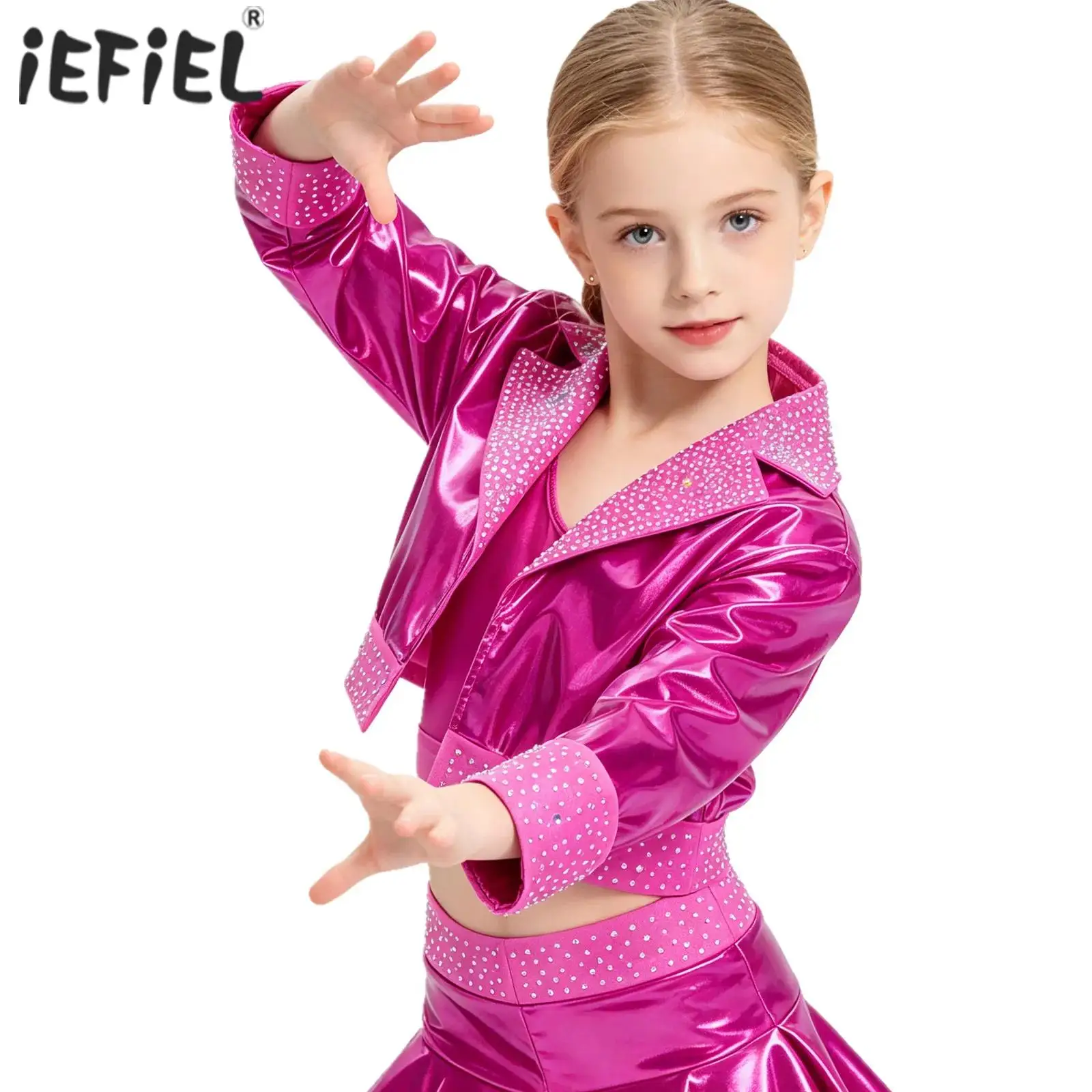 Kids Girls Shiny Rhinestones Jazz Dance Jacket Dancewear Metallic Long Sleeve Jacket Tops Festival Hip Hop Performance Costume