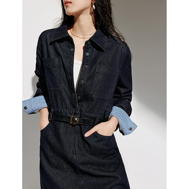 INMAN 2024 autumnwinter Vintage women's Denim dress waist fleece lined long-sleeved loose straight shirt dresses（No belt）