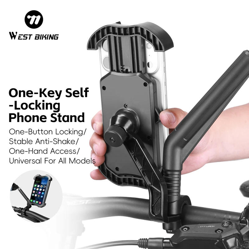 WEST BIKING 360° Rotating Self-Locking Phone Holder Anti-Shake Bicycle Mount for Handlebar & Rearview Mirror with 5.4-7.5