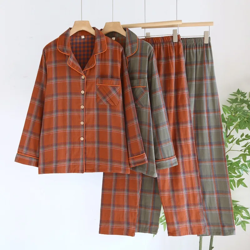 Immagine 3: Coppia Pigiama scozzese tinto in filo Doppio strato di filato di cotone Abbigliamento per la casa Pantaloni sottili a maniche lunghe Pigiama da donna Set da 2 pezzi