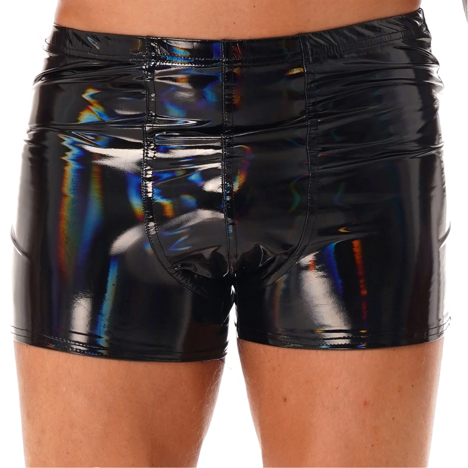 Mens Glossy Wet Look Patent Leather Shorts Bulge Pouch Boxer Briefs Underpants Elastic Waistband Short Pants Clubwear