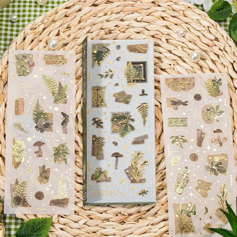 8 fogli di forniture decorative adesivi albero farfalla oro scrapbooking pianta fungo illustrazione fresca materiale abbronzante 21 * 8 cm