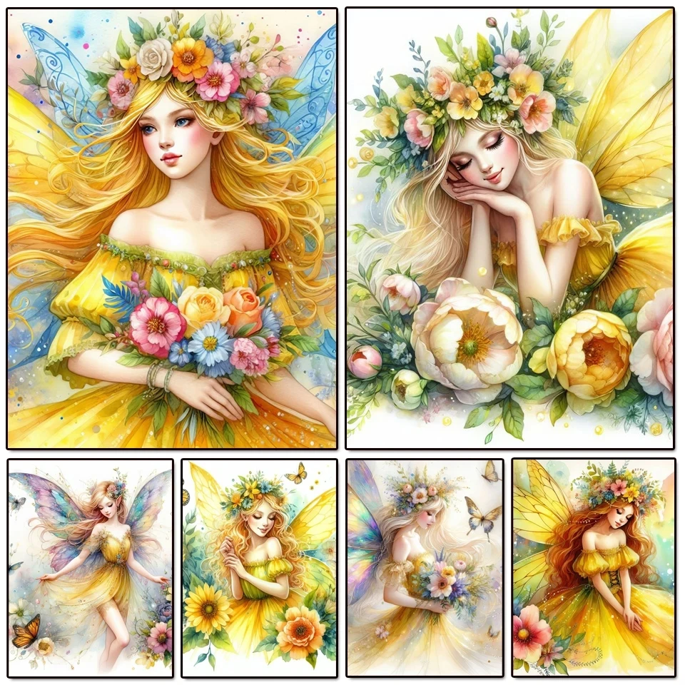 

Diamond Art Painting KitsYellow Flower Fairy Girl Cross Stitch 5D DIY Diamond Embroidery Rhinestones Full Mosaic Decor For Home
