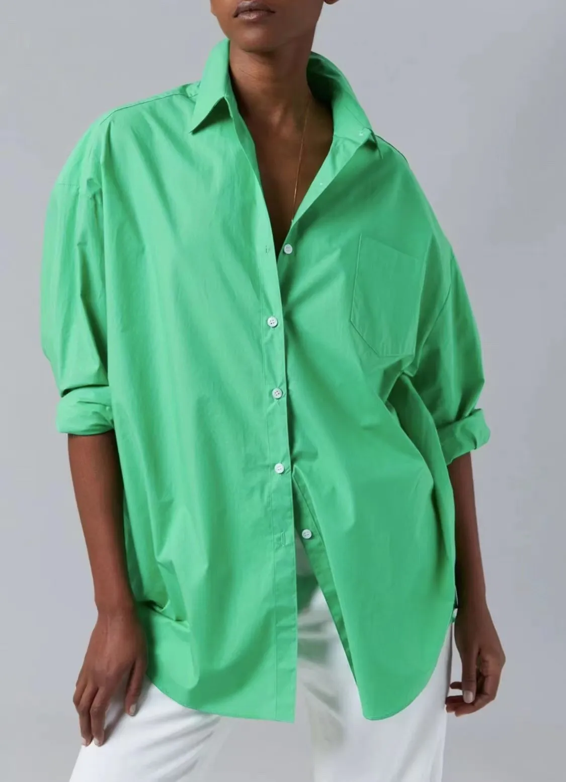 INS camicia verde Super calda per donna 2022 nuova camicia monopetto da donna tinta unita e Top con tasca singola