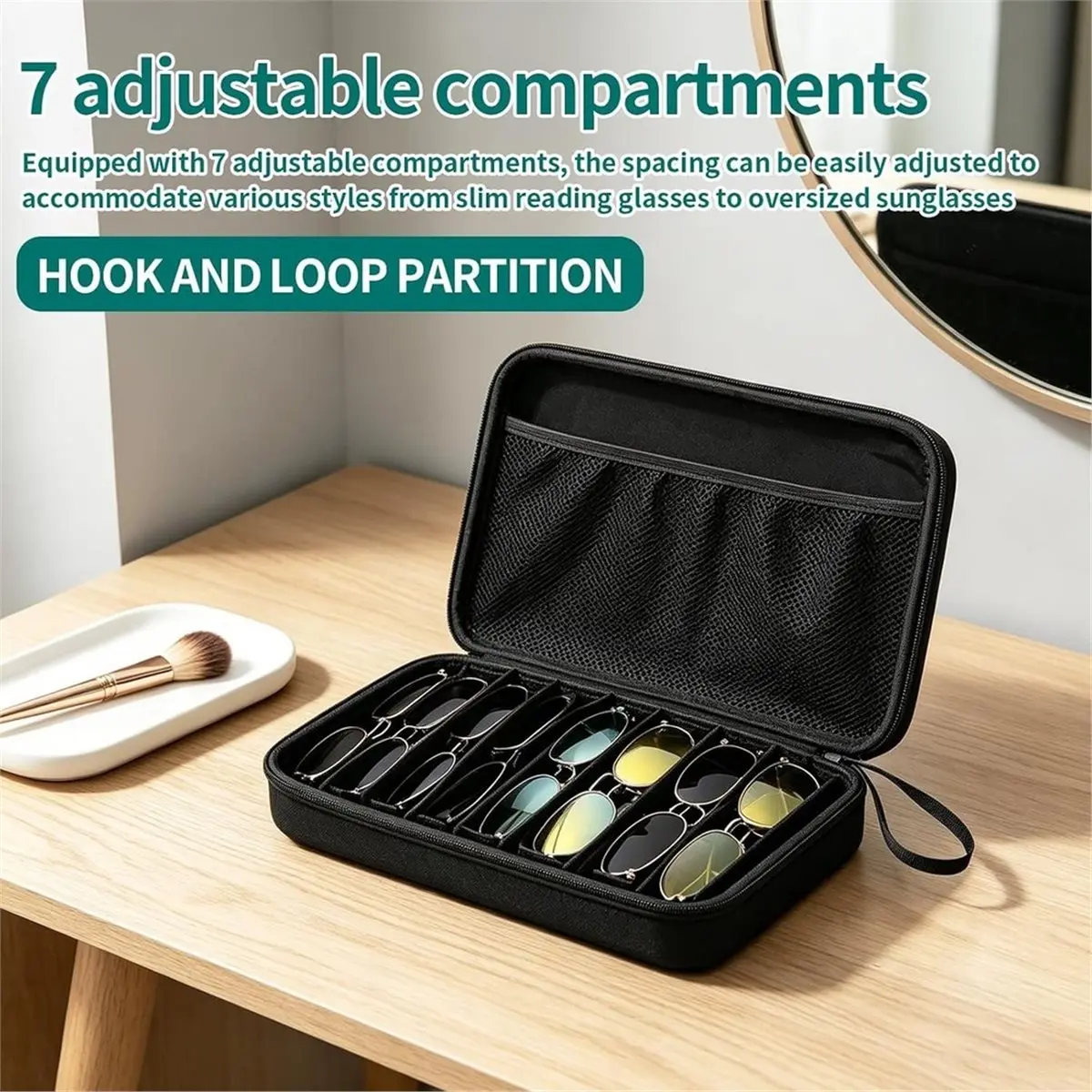 Travel Sunglasses Case Hard Shell, Sunglasses Organizer Portable Eyeglasses Storage Box with 8 Adjustable Dividers