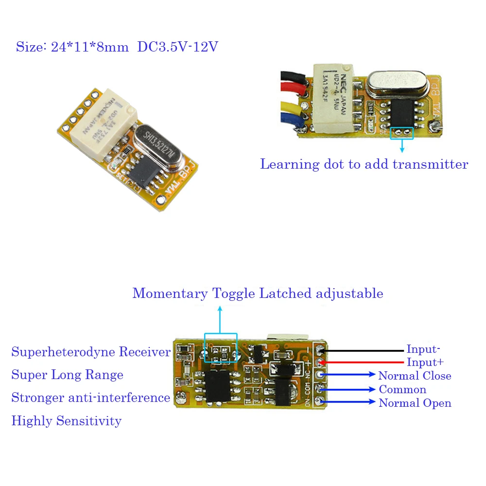 3.7-12V Tiny RF Remote Control Switch 433Mhz Mini Relay Contact Wireless Switches NO COM NC Multi-functional