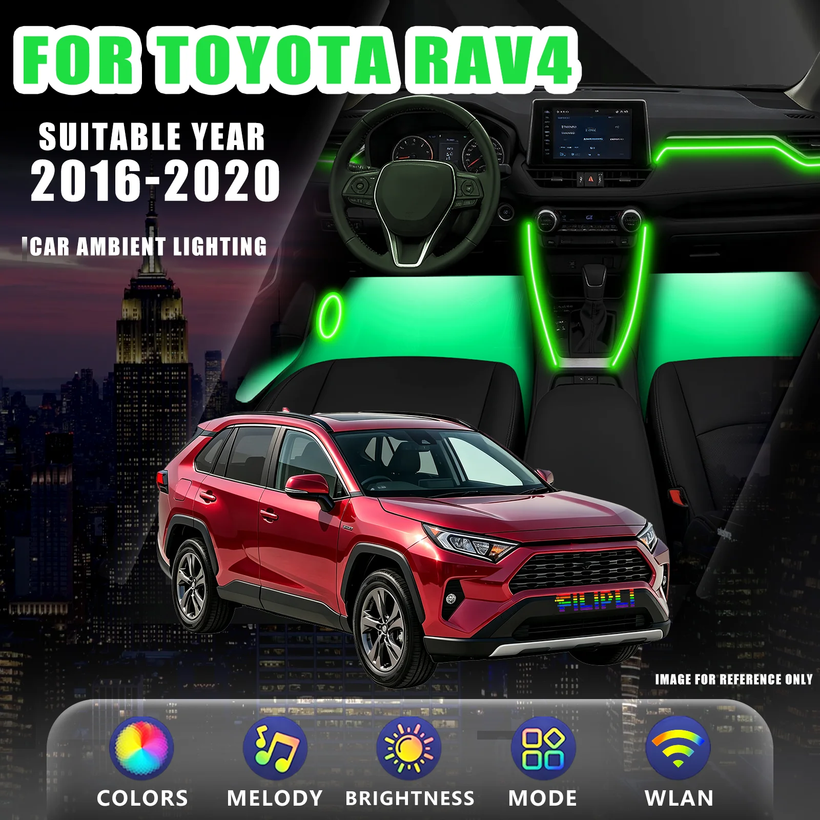 FOR TOYOTA RAV4 2016-2020 YEAR RGB 6 Lights car ambient light kit stepless color temperature adjustment lock car delay fade dedicated plug adapter constant current flicker free lighting kit