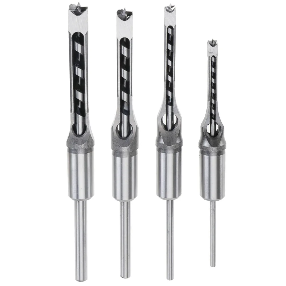 4PCS Square Drill Bit Set HSS Twist Square Hole Drill Bit Carpentry Square Hole Opener Tenon Mortising Chisel Drill Bit Tool Kit