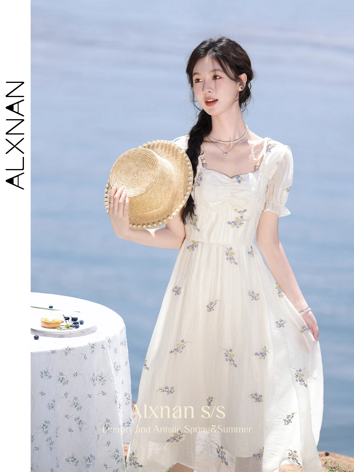 

ALXNAN Apricot French Style Square Collar Floral Dress 2024 Summer Elegant A-line Puff Sleeve Embroidery Midi Dresses L33772