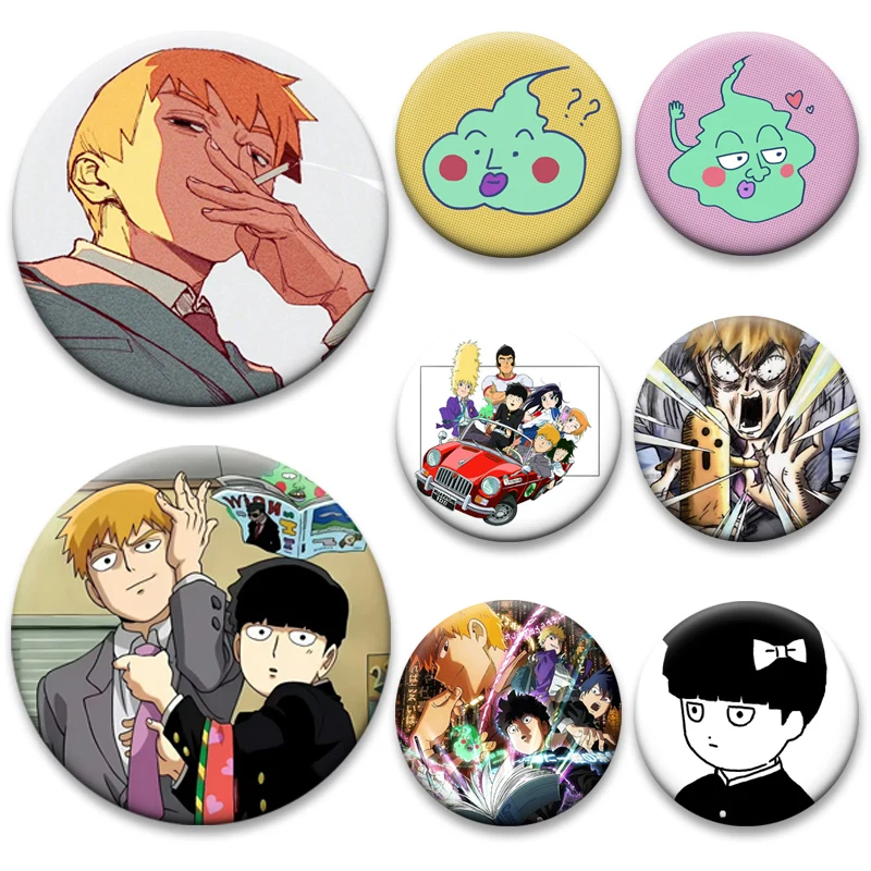 Mob,Kageyama Mafu,Reigen Arataka,Dimple Cartoon Badge Cute Anime Character Lapel Pin 58mm Round Brooches for Backpack Accessorie