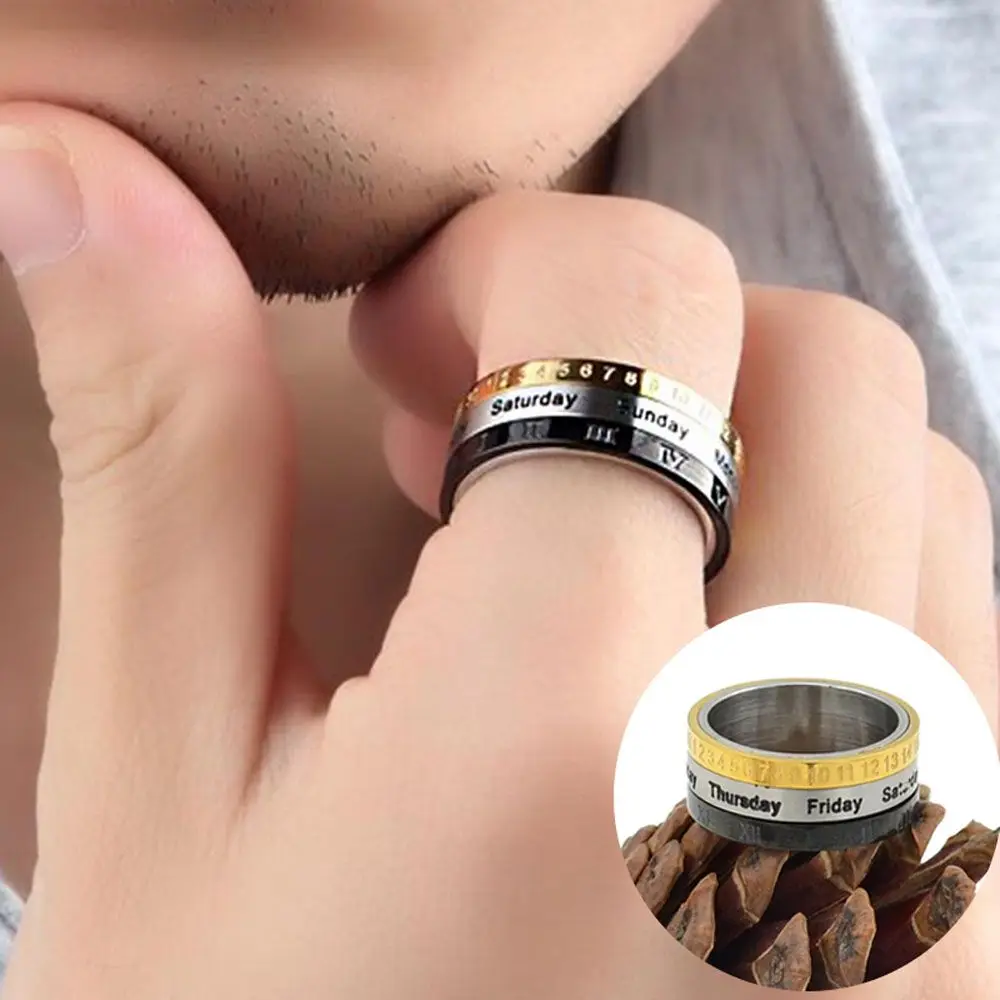 Male 3 Part Titanium Steel Roman Numerals Date Time Calendar Spinner Joint Ring Finger Ring Men Ring Fashion Jewelry