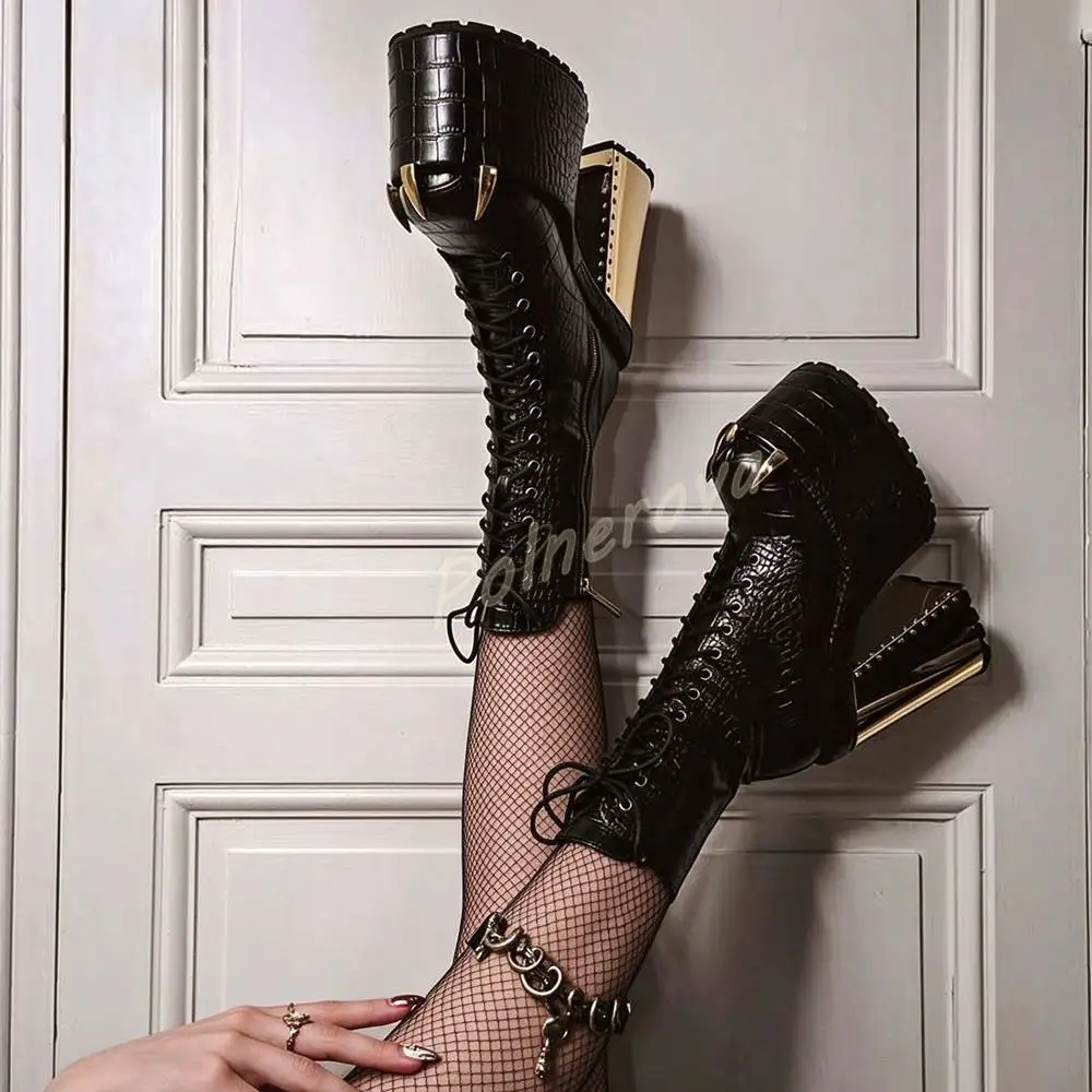Croc-Pattern Leather Lace Up Boot Women Platform Gold Claw Toe Decor Ankle Boots Chunky High Heel Side Zip Black Winter Shoes