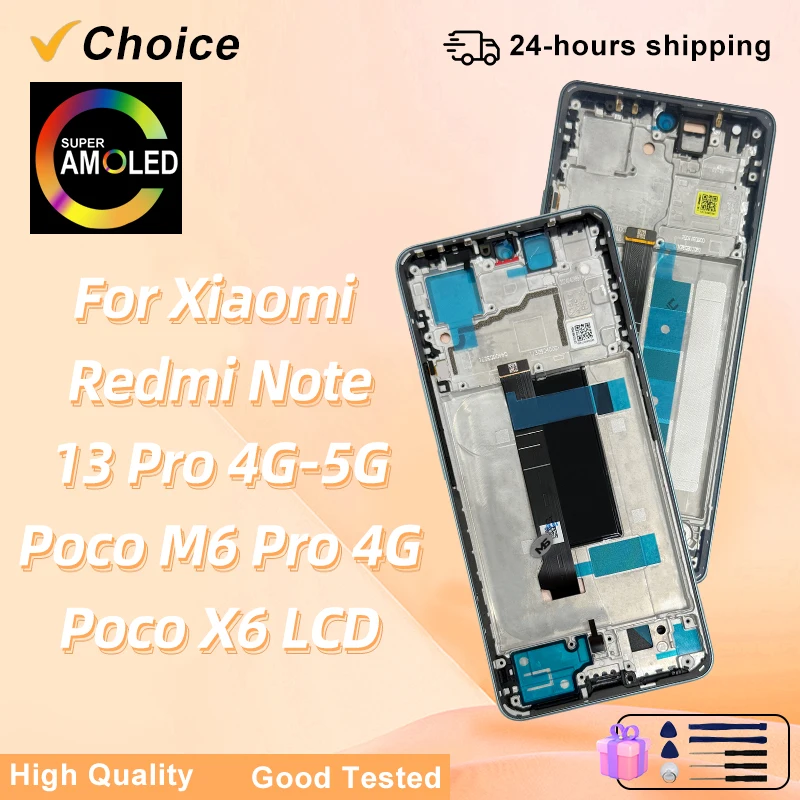 Novo Display AMOLED para Redmi Note 13 Pro 4G/5G, Tela LCD com Touch Screen e Digitalizador para POCO X6/M6 Pro, Substituição de LCD
