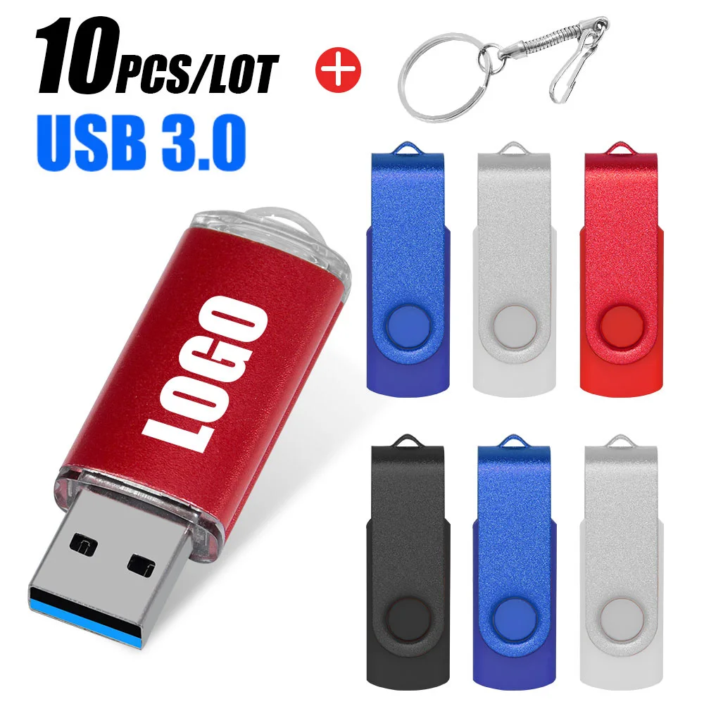 

10pcs/lot Colorful USB3.0 Flash Drive 64GB 8GB Rotatable Pen Drive 32GB 16GB Key Chain Black Memory stick Creative Business Gift