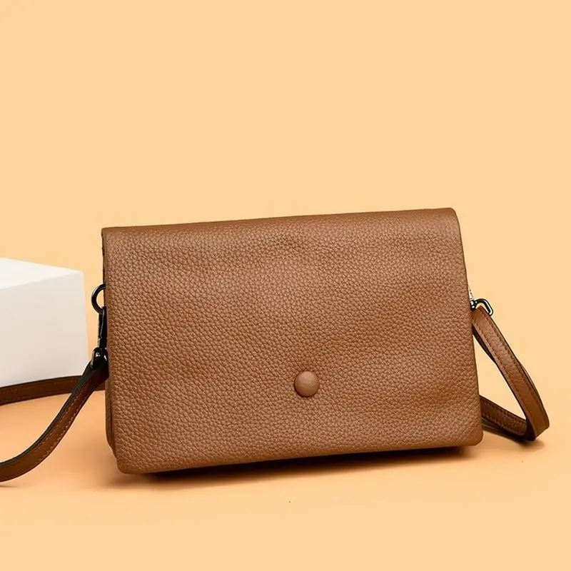 New genuine leather Women's shoulder crossbody bag ,simple top layer cowhide flip small square bag handbag, solid color envelope