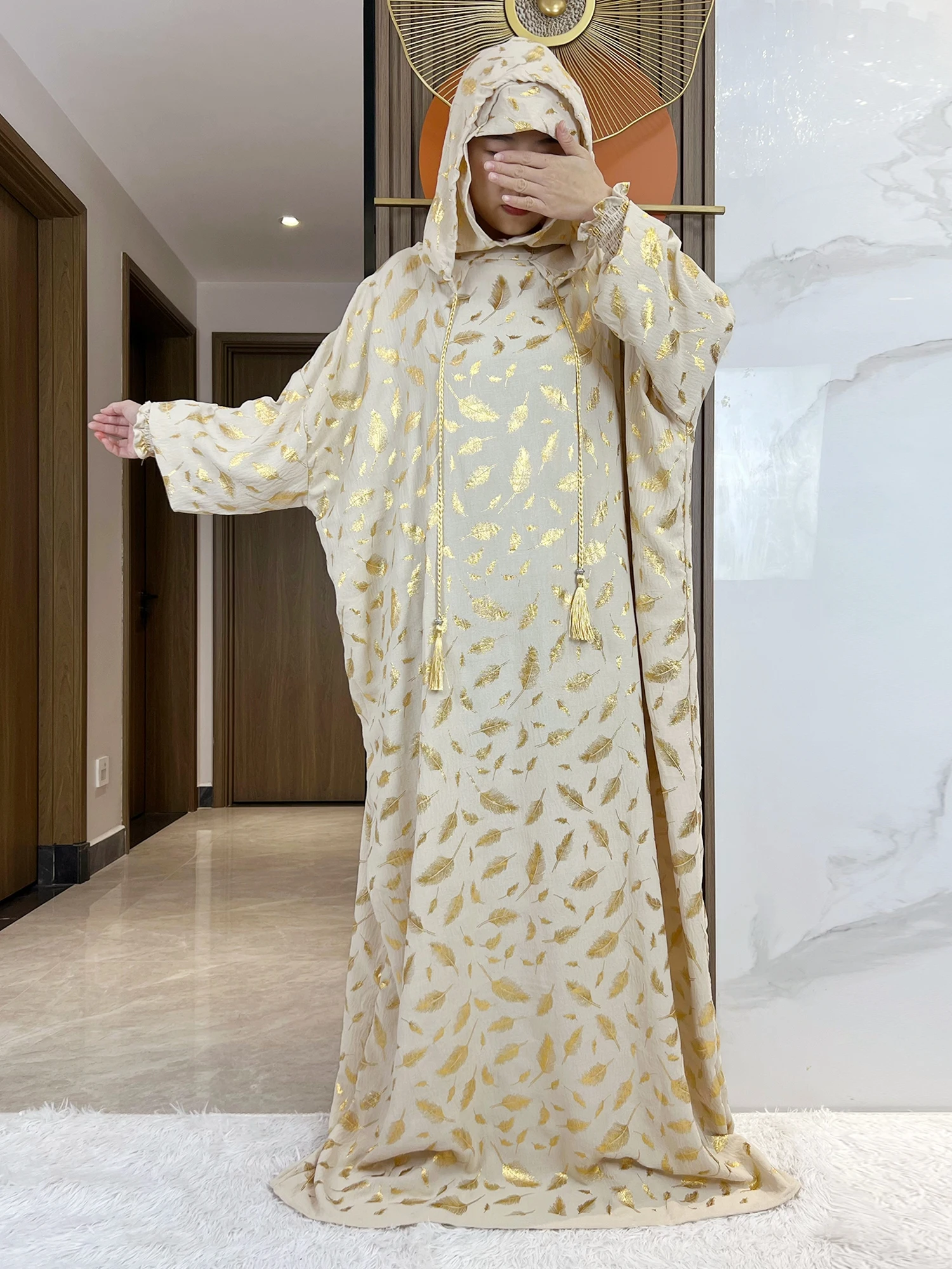 2025 New Cotton Ramadan Muslim Two Hats Abaya Dubai Turkey Islam Prayer Clothes Gold Stamp Dress Islam Women Dress Kaftan