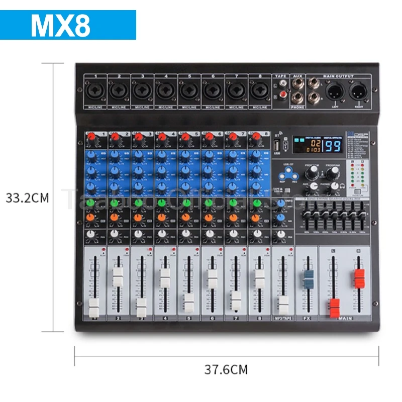 Mixer de som e áudio com amplificador de potência, usb integrado, equalizador de som profissional, console de mixagem, equipamento de dj, 4/6/8 canais