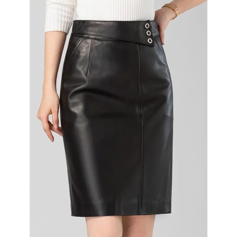 

2025 Hip Wrap Skirt For Women Luxury High Waist Slim Genuine Leather Femme Split One Step Skirt Simple H-line Half Body Skirt