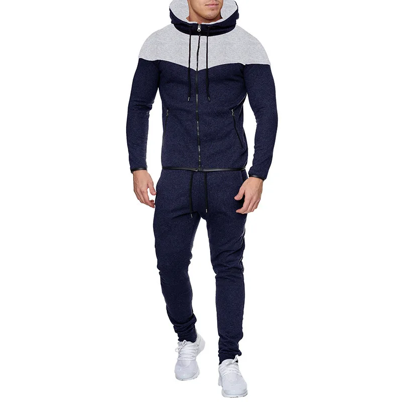 2024 Spring and Autumn New Men\'s Fashion Casual Color blocked Cardigan Zipper Hoodie Set Sports Running Two Piece Set