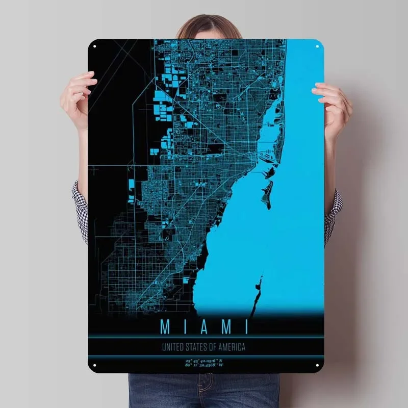 Miami Florida Usa Tinplate Map Sign Wall Art Decor Gamer Room Decoration Retro Metal Sign for Bar Coffee Bar Wall Decoration