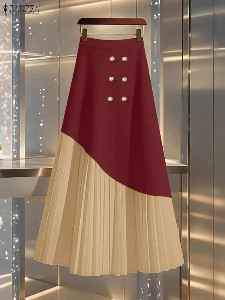 

ZANZEA Women Skirts 2025 Autumn Elegant High Waist Office Faldas Saia Pleated Jupes Stylish Patchwork Robe Femme Work Sundress