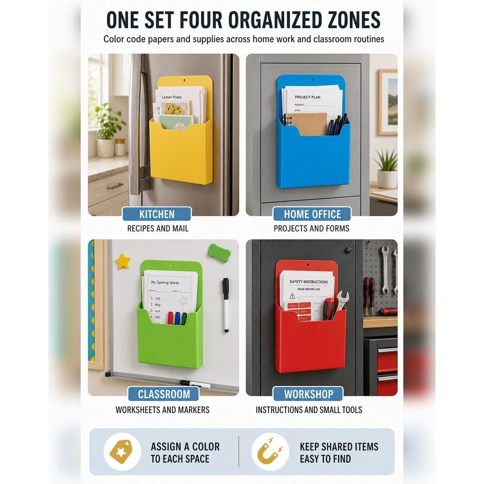 Color Coded Wall Mount File Holder Magnetic Letter Size Paper Organizer for Whiteboard Fridge Locker