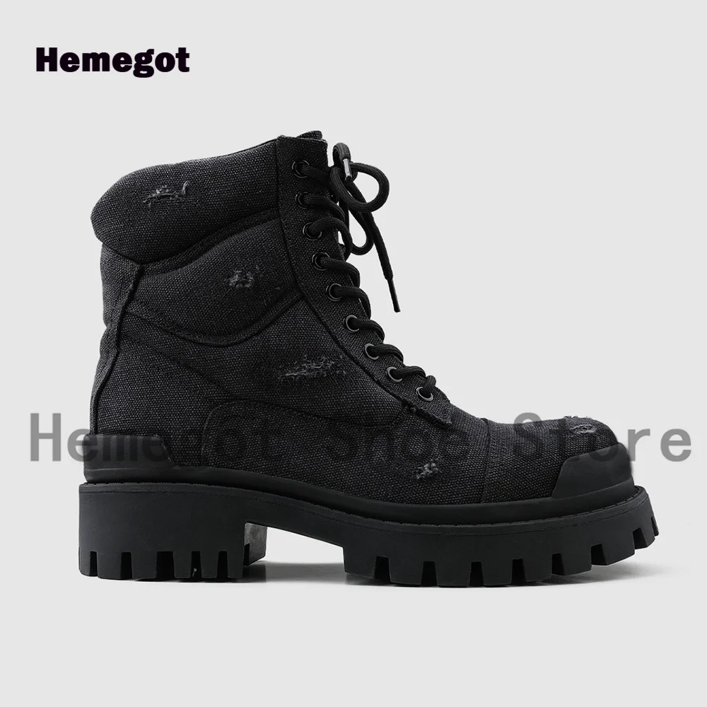 Black Grey Denim Men\'s Boots Designer Stylish Lace-Up Booties Males High-Top Wear-Resistant Luxurious Handmade Men\'s Shoes