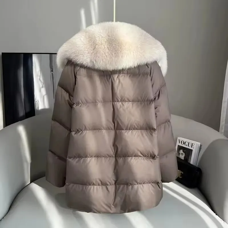 2025 inverno novo temperamento de comprimento médio branco ganso puffer parkas feminino pele de raposa destacável grande lapela pele para baixo jaqueta alta qual