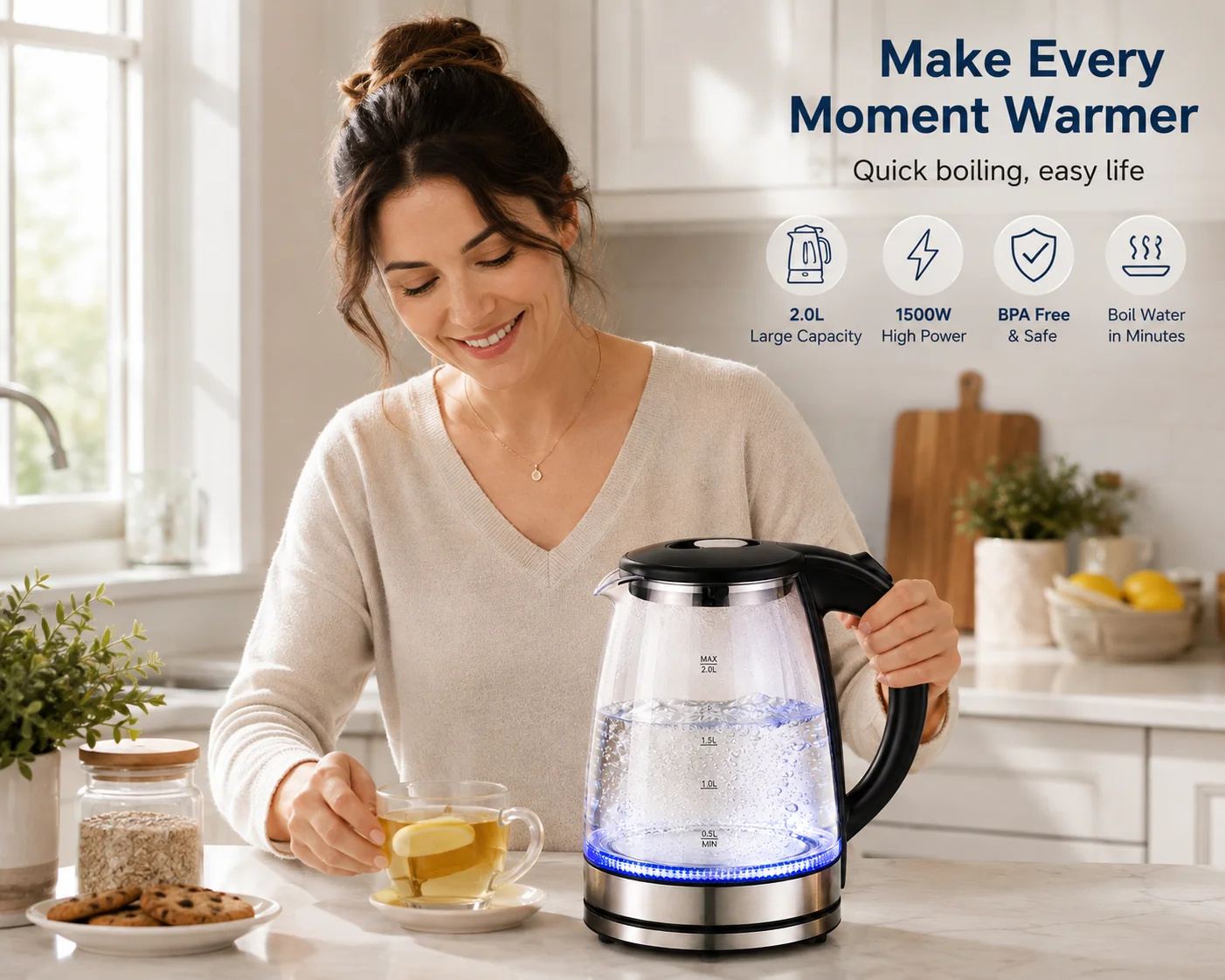 2L Glass Electric Kettle Blue LED Light Water Boiler, Borosilicate Glass Electric Water Heater with Auto Shut Off Boil Dry Protection for Household Kitchen