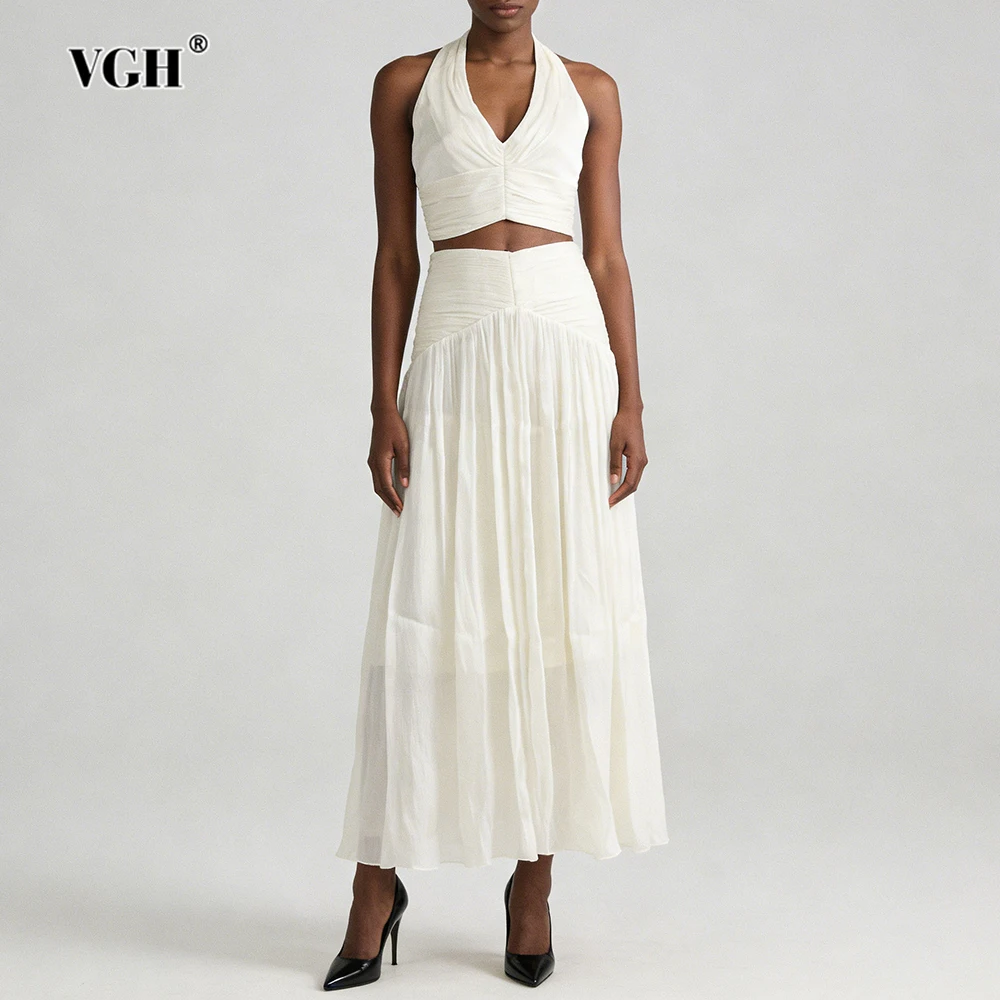 

VGH однотонные элегантные комплекты из двух предметов во французском стиле для женщин, топ без рукавов с v-образным вырезом, драпированная юбка с высокой талией, сексуальный комплект, женская мода