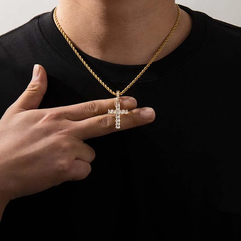 Punk Hip Hop Stainless Steel Cross Pendant Necklace For Men Gothic Full Rhinestone Silver Color Long Chain Necklace Jewellery