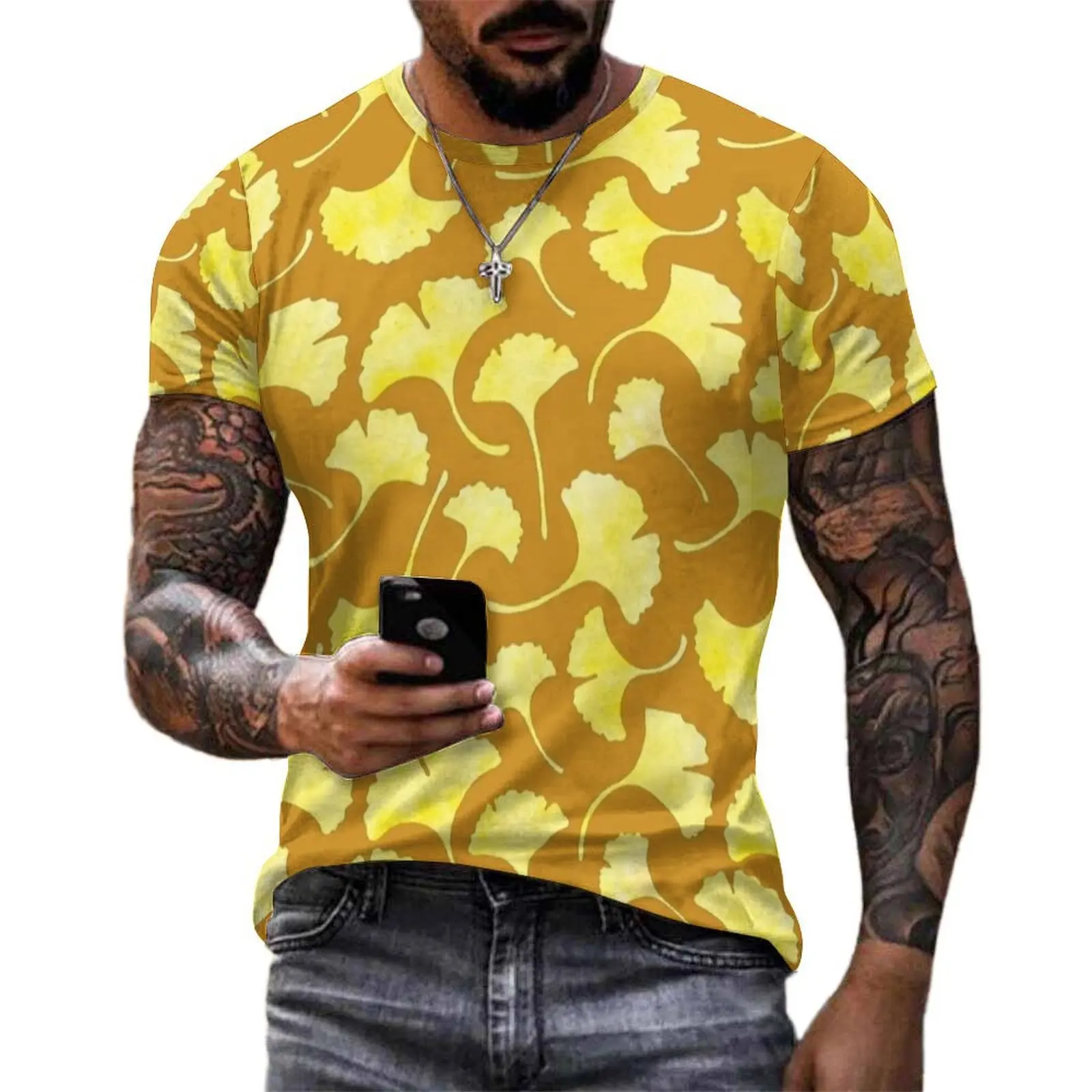 Oversized T Shirt Beach Ochre Watercolor Foliage Tile T Shirts  Funny O Neck Tee Shirt Men Fashion Design Tops