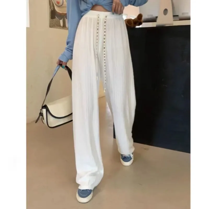 Autumn and Winter Women\'s Solid Color Elastic Lace Up High Waist Loose Long Wide Leg Fashion Casual Elegant Commuter Pants