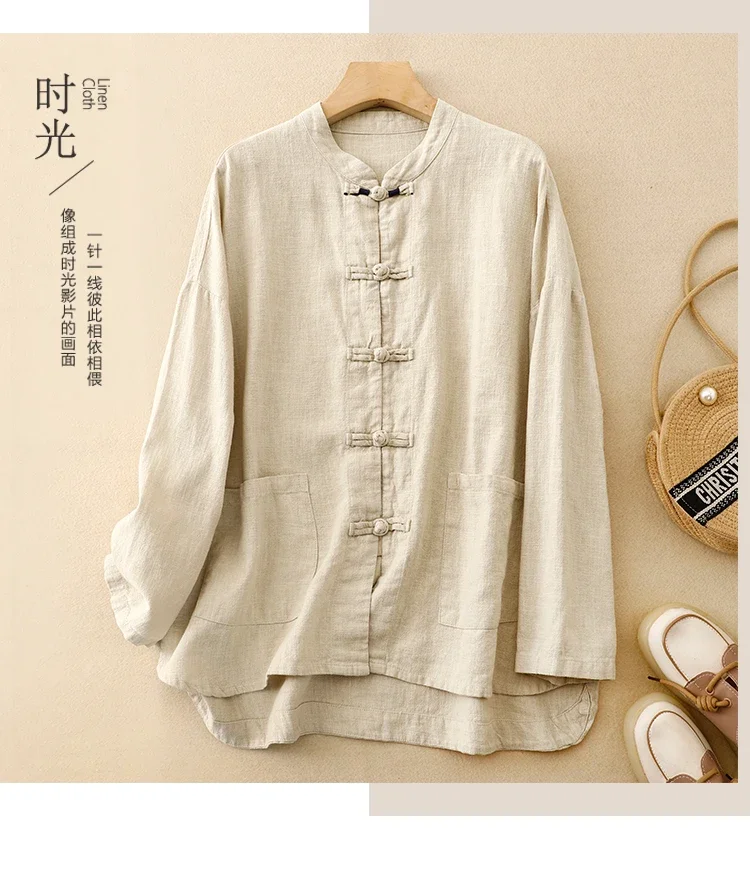 Однотонная рубашка рами в стиле ретро с китайской пряжкой, женская нерегулярная одежда для чая в стиле дзен, весенний топ из хлопка и льна