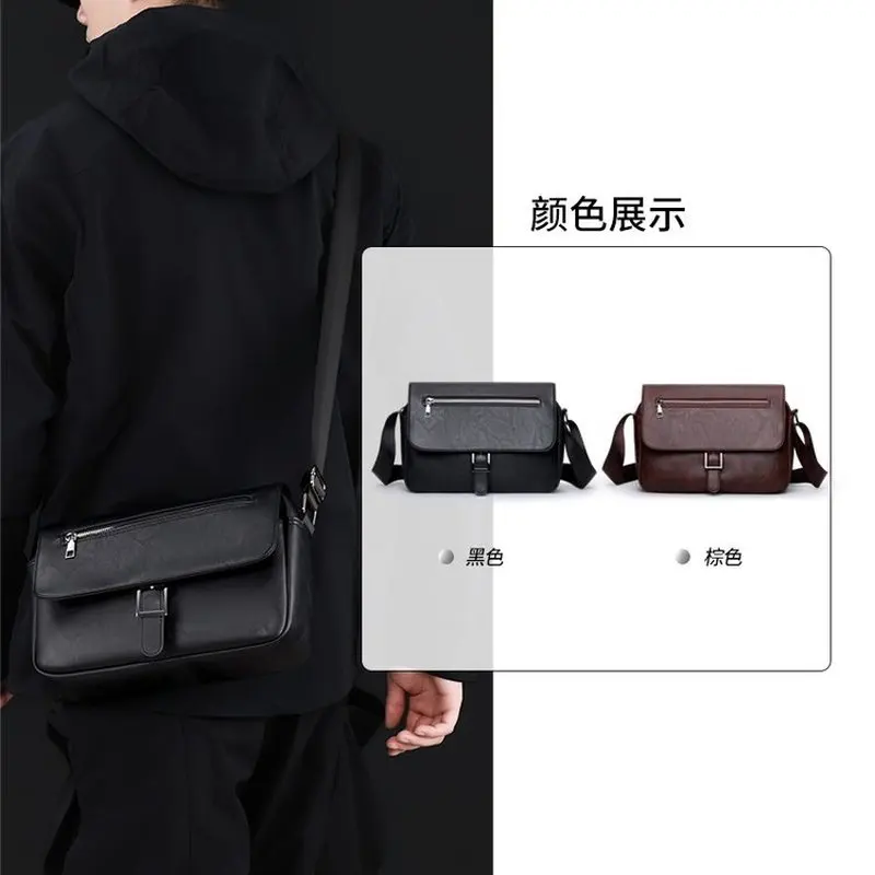 Casual Business Shoulder Bag for Men Pu Leather Messenger Bag Wide Strap Crossbody Bags Square Plaid Designer Male Sling Bags