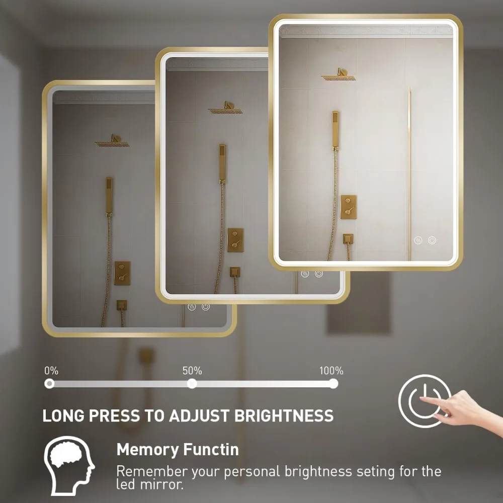 مرآة حمام LED مقاس 24 × 32 بوصة مع أضواء، مرايا زينة مضاءة مثبتة على الحائط بإطار ذهبي، تصميم مضاد للضباب ومفتاح لمس قابل للتعتيم