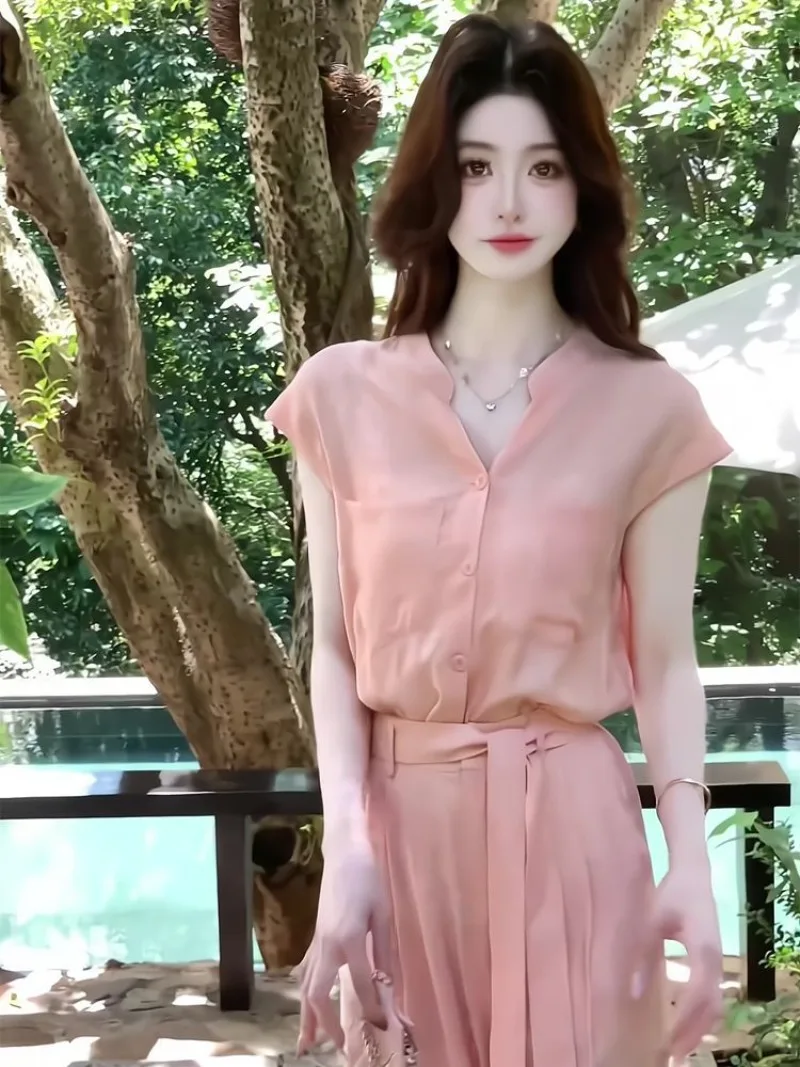 Nuevo conjunto elegante de dos piezas de verano para mujer, moda coreana, camisa de manga corta para oficina, Top + pantalones de pierna ancha de cintura, traje rosa