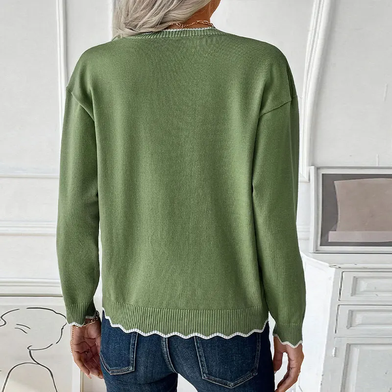 Pull tricoté vert à manches longues pour femme, demi-fermeture éclair, col en V, garniture festonnée, décontracté, coupe ample, mode quotidienne, automne hiver