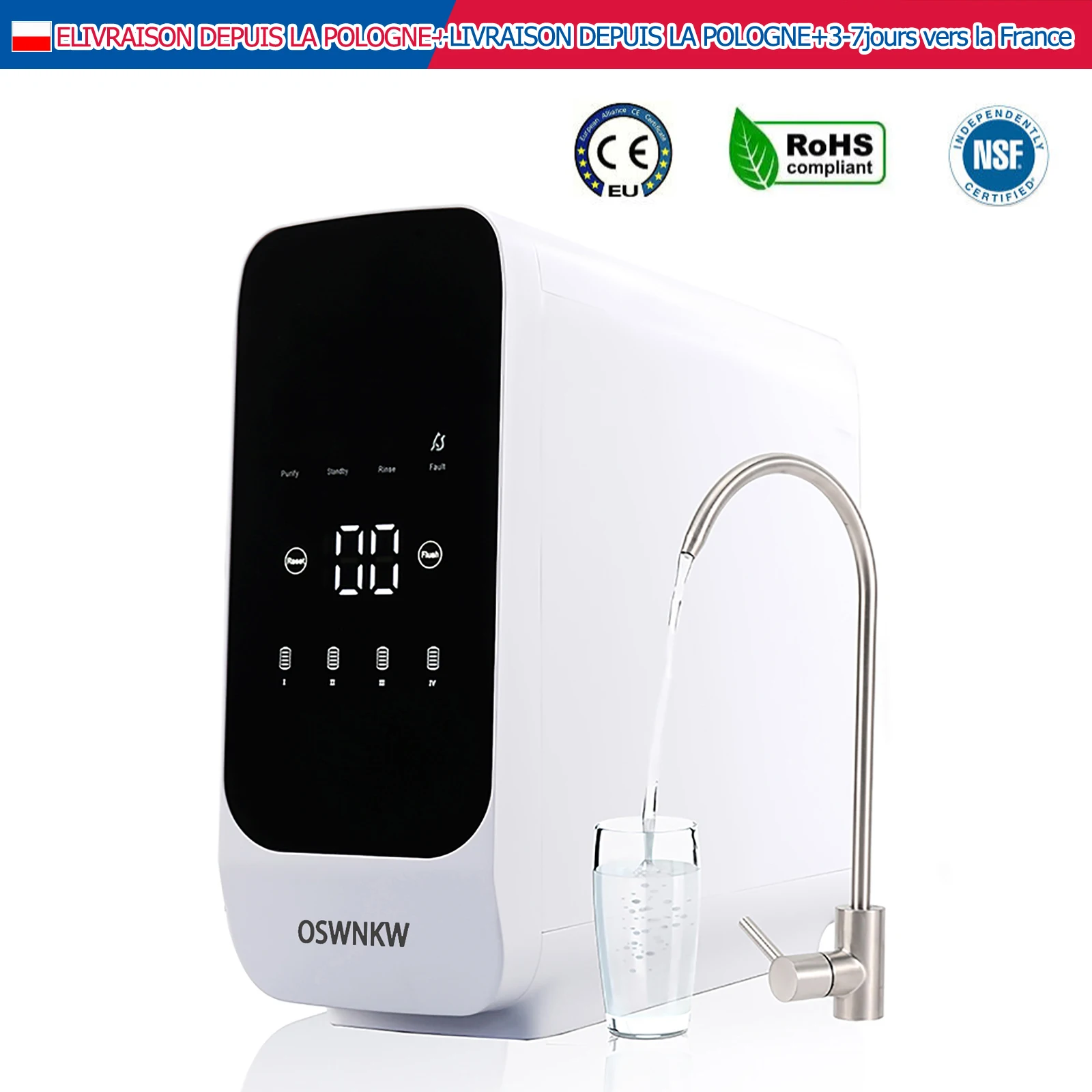 Système de filtration d'eau par osmose inverse OSWNKW - débit élevé 600GPD, sans réservoir d'eau, TDS réduit, compact, rapport de drainage 1:2