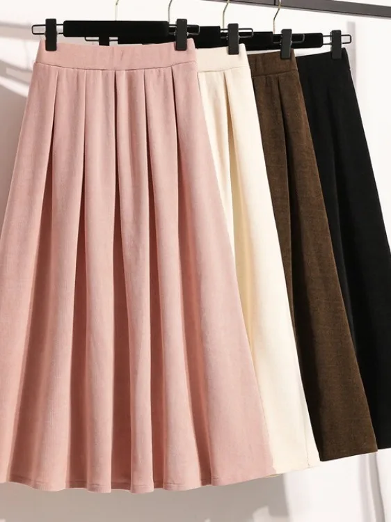 

High Waist Midi Corduroy Skirt for plus Size Women A-Line Pleated Umbrella Skirt Spring New Style Korean Style Commute