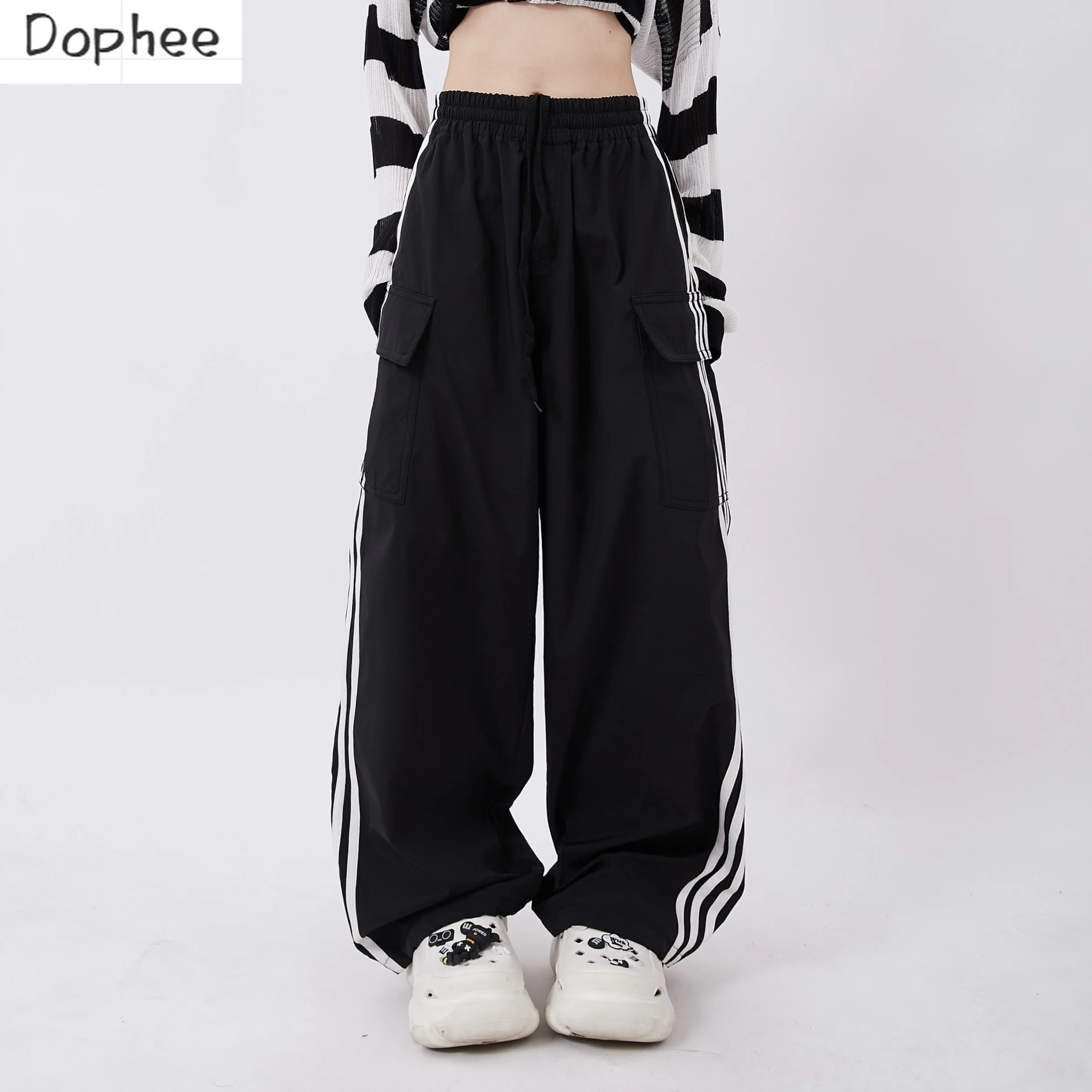 Dophee Dopamine Casual Women Trousers 2023 New Autumn Side Stripes All-match Straight Pants Elastic Waist Loose Dance Pants